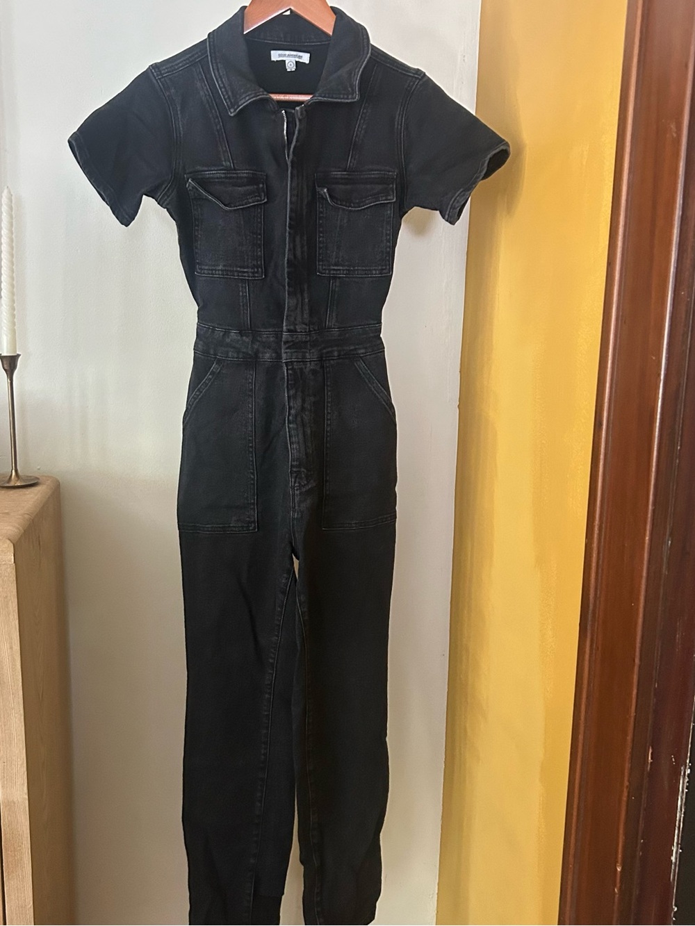 Good American Fit For Success Jumpsuit Utility Short Sleeve Black Denim Size 0
